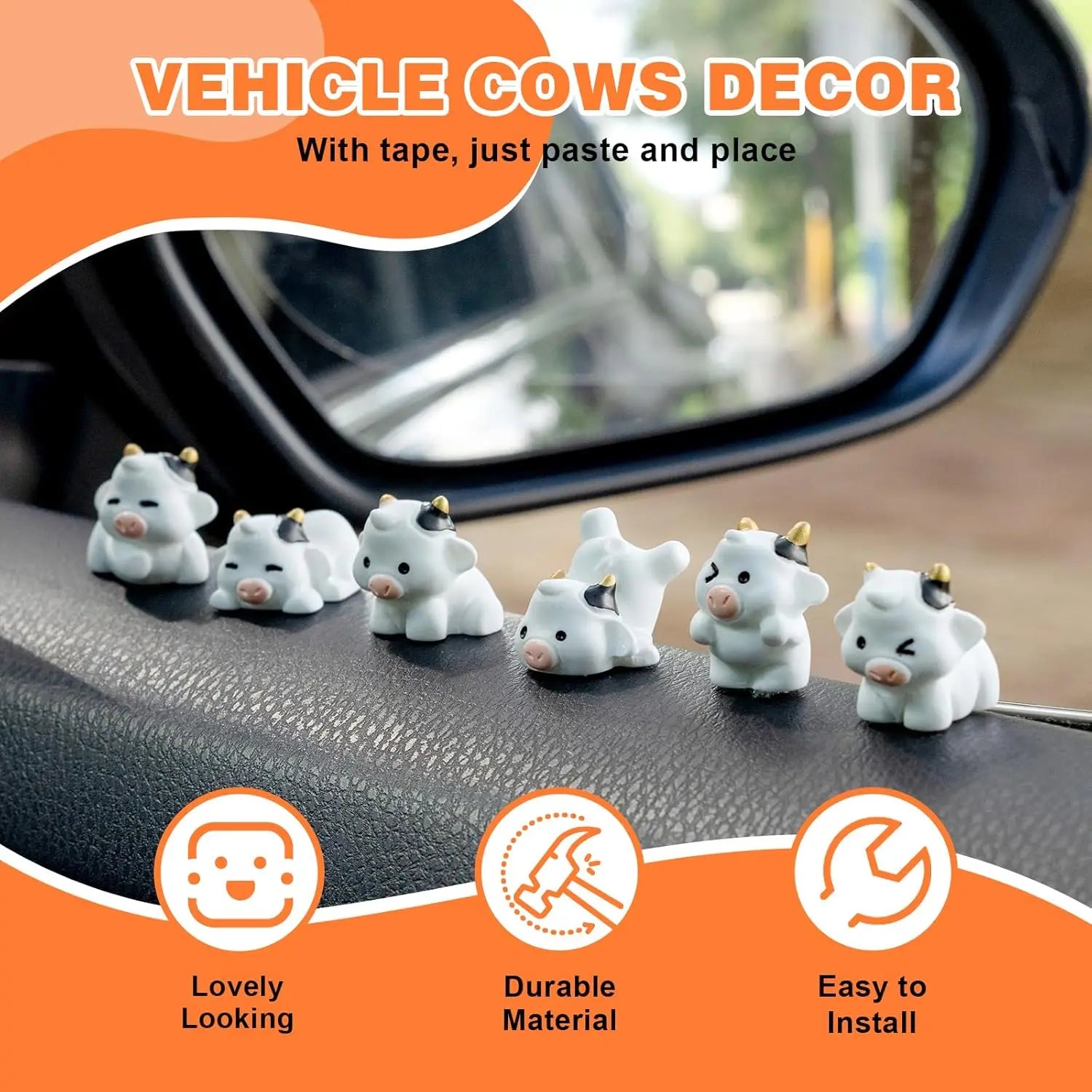 6PCS Cute Cow Car Dash Decorations Car Door Rear View Mirror Ornament Interior Accessories for Home Office